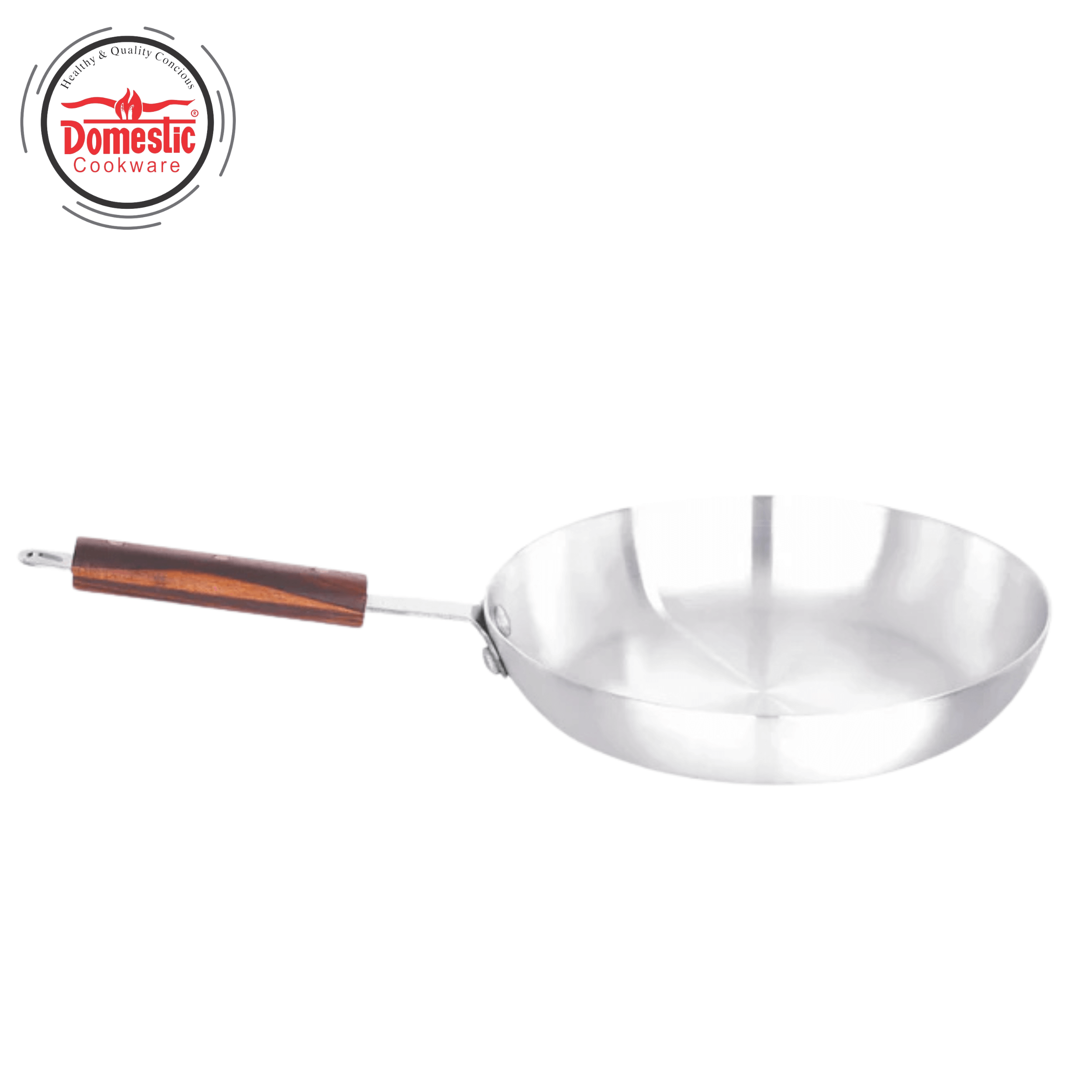 Domestic Metal Finish Heavy frying pan with wooden handle, perfect for everyday cooking.
