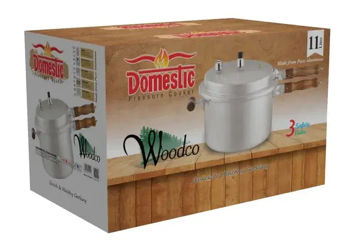 Woodco Pressure Cooker 11 Liter packaging showcasing its design and features for efficient cooking.