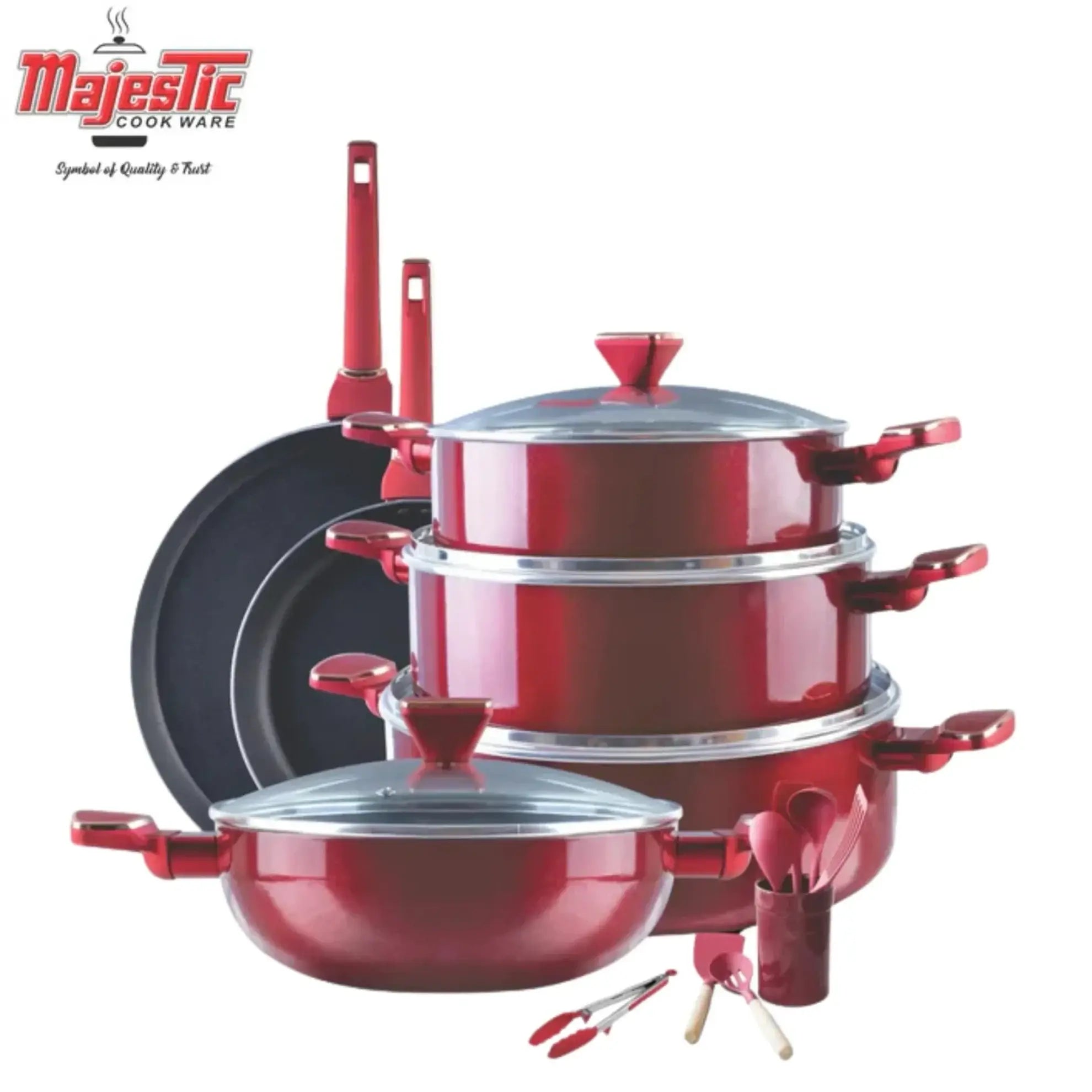 Majestic Vintage NS Gift Set Super Strong Coating with red cookware and utensils for stylish kitchen performance.