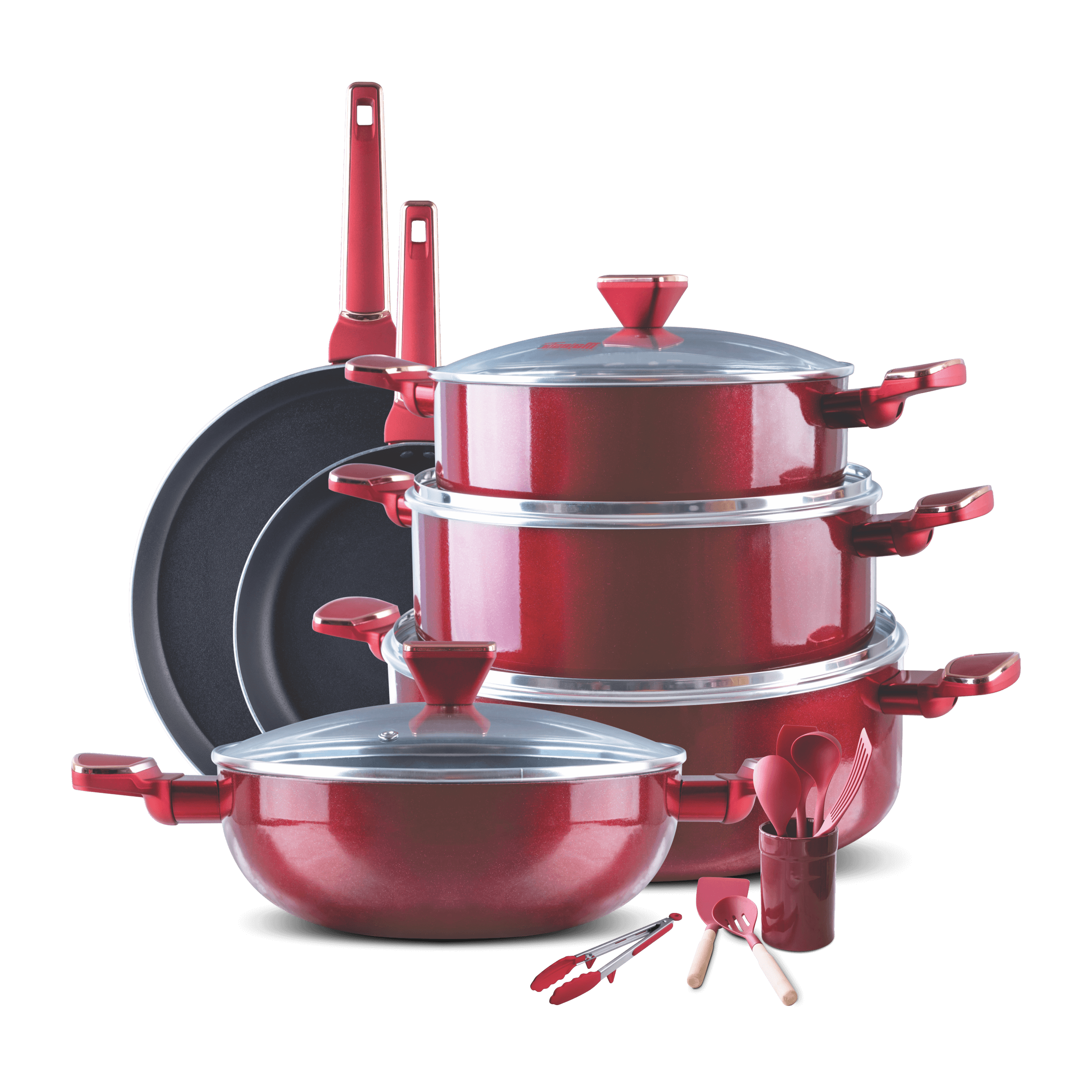 Majestic Vintage NS Gift Set Super Strong Coating - Elegant red cookware collection with nonstick performance.
