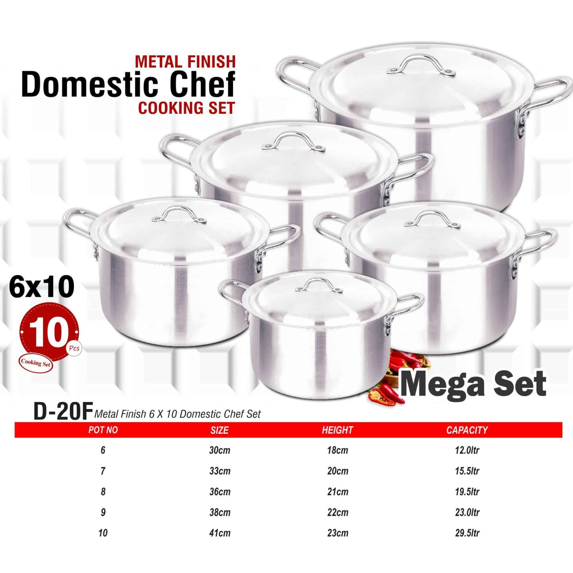 D-20F AL Cooking Set 6x10 Metal Finish - Majestic Cookware