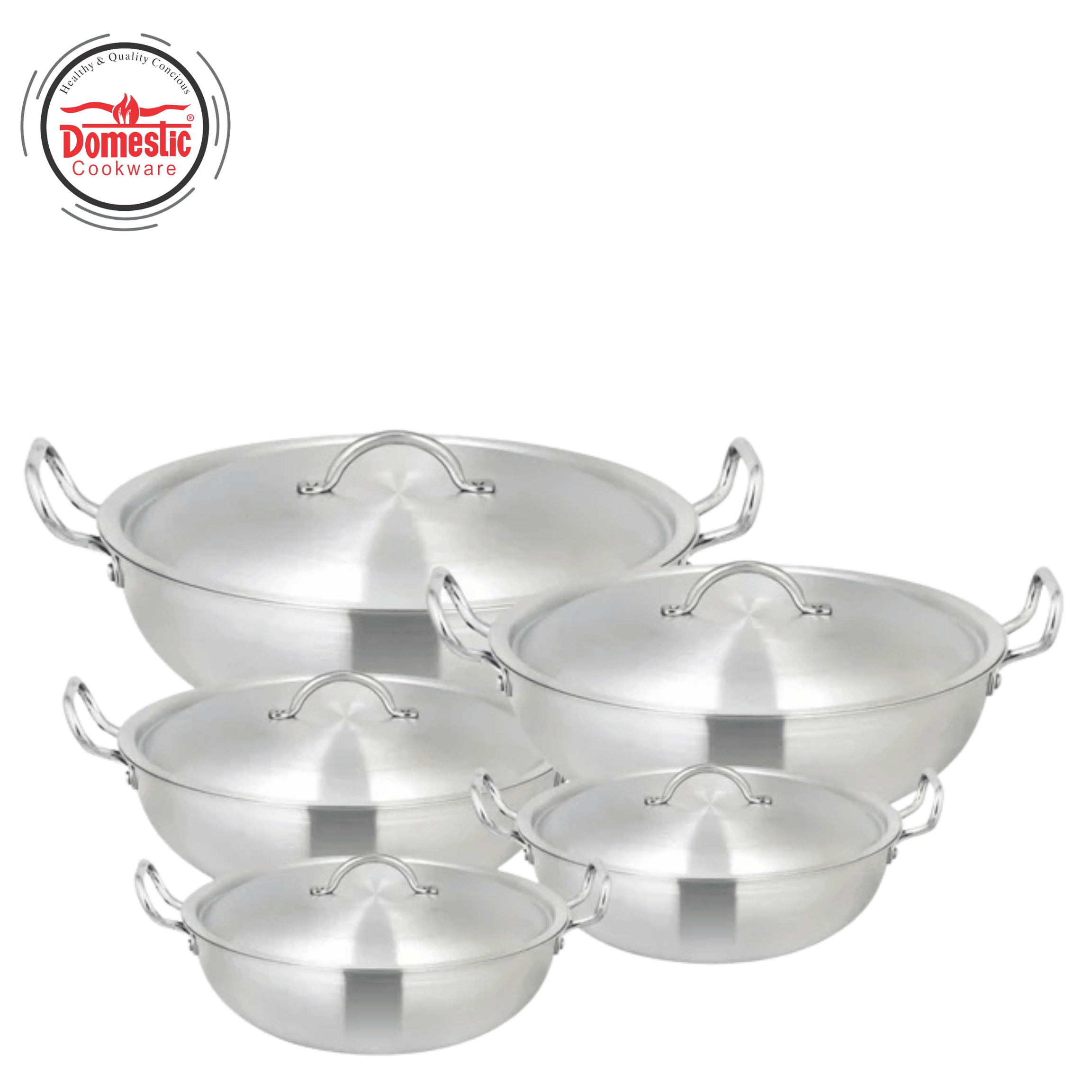 Set of Metal Finish Wok Majestic Cookware with lids, showcasing durable design and elegant finish.