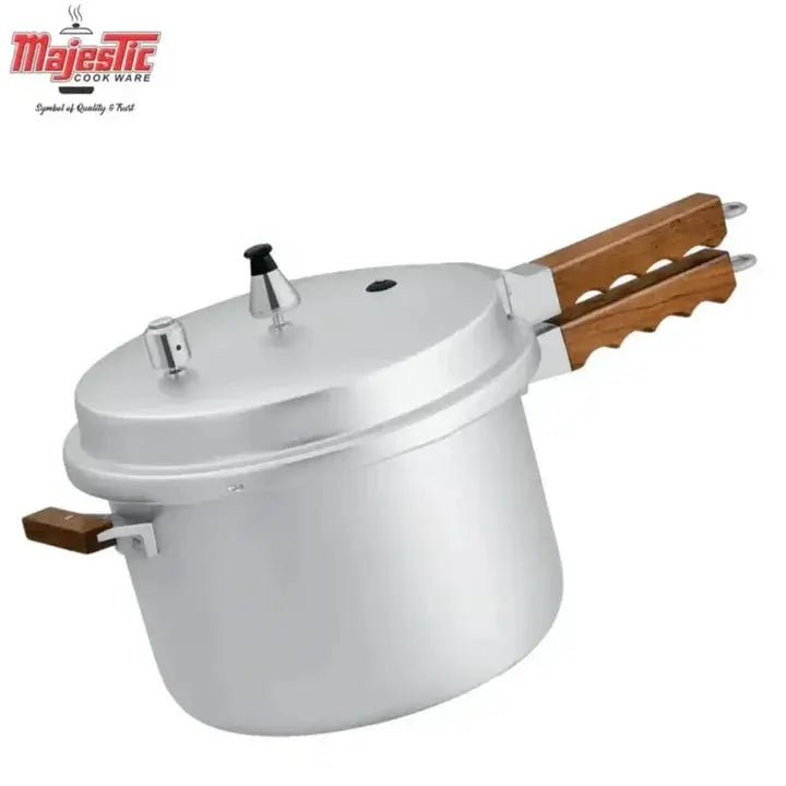 Majestic Woodco 9 LTR Pressure Cooker with wooden handles and silver finish for efficient cooking.