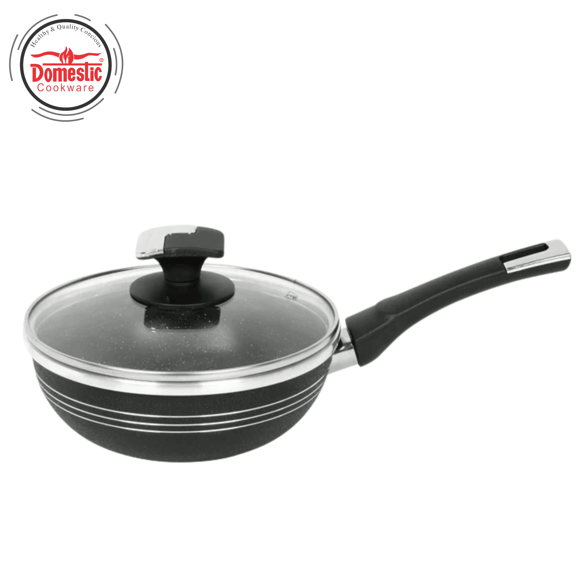 D-154 non stick wok with lid featuring heat-tempered glass lid and durable aluminum body.