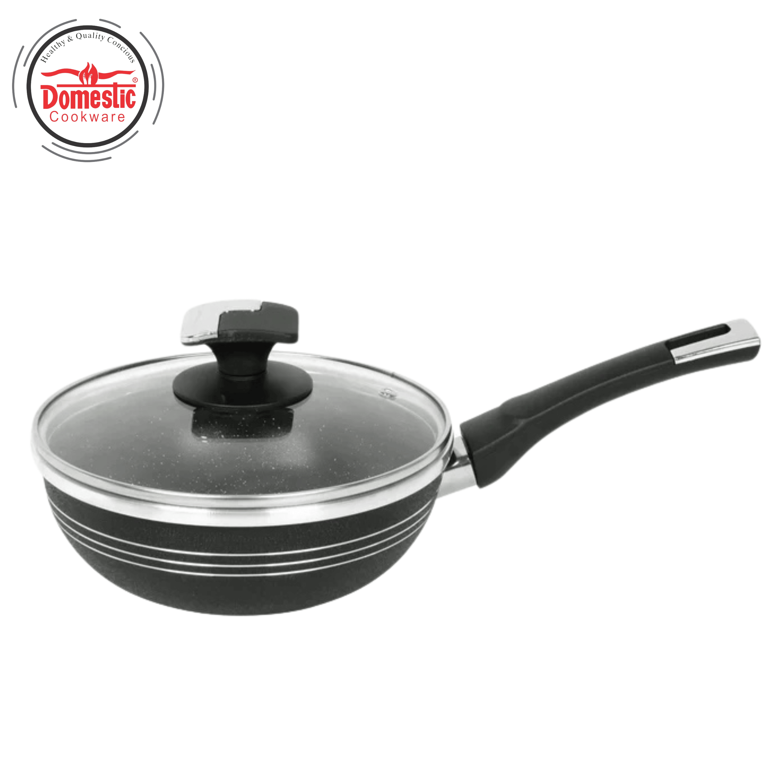 D-154 non stick wok with lid featuring heat-tempered glass lid and durable aluminum body.