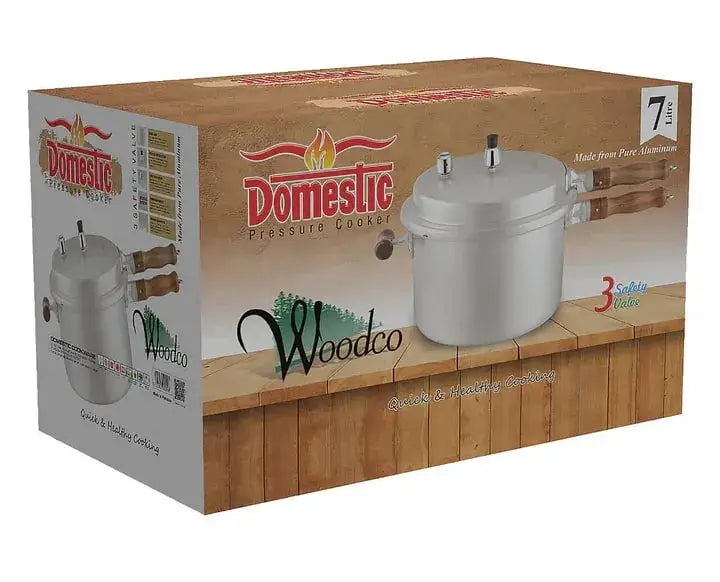 Woodco Pressure Cooker 7 Liter packaging showing durable and efficient cooking design for modern kitchens.