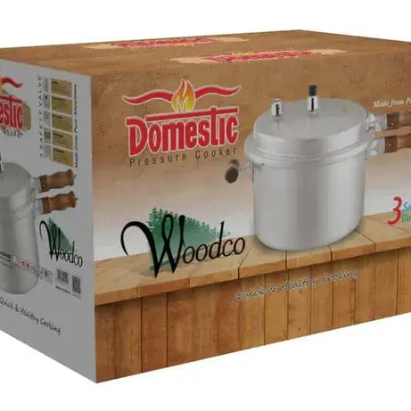 Woodco Pressure Cooker 11 Liter packaging showcasing its design and features for efficient cooking.