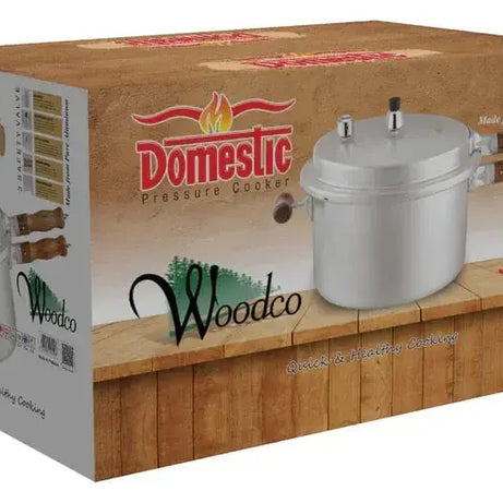 Majestic Woodco 9 LTR Pressure Cooker packaging featuring a durable aluminum design and reliable cooking capabilities.