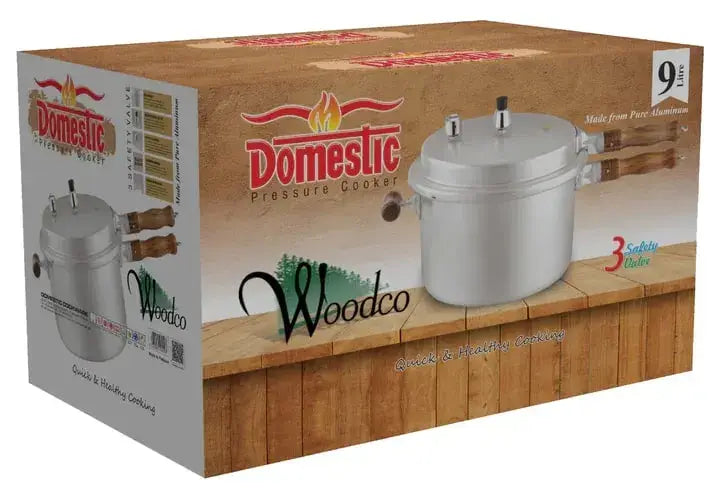 Majestic Woodco 9 LTR Pressure Cooker packaging featuring a durable aluminum design and reliable cooking capabilities.