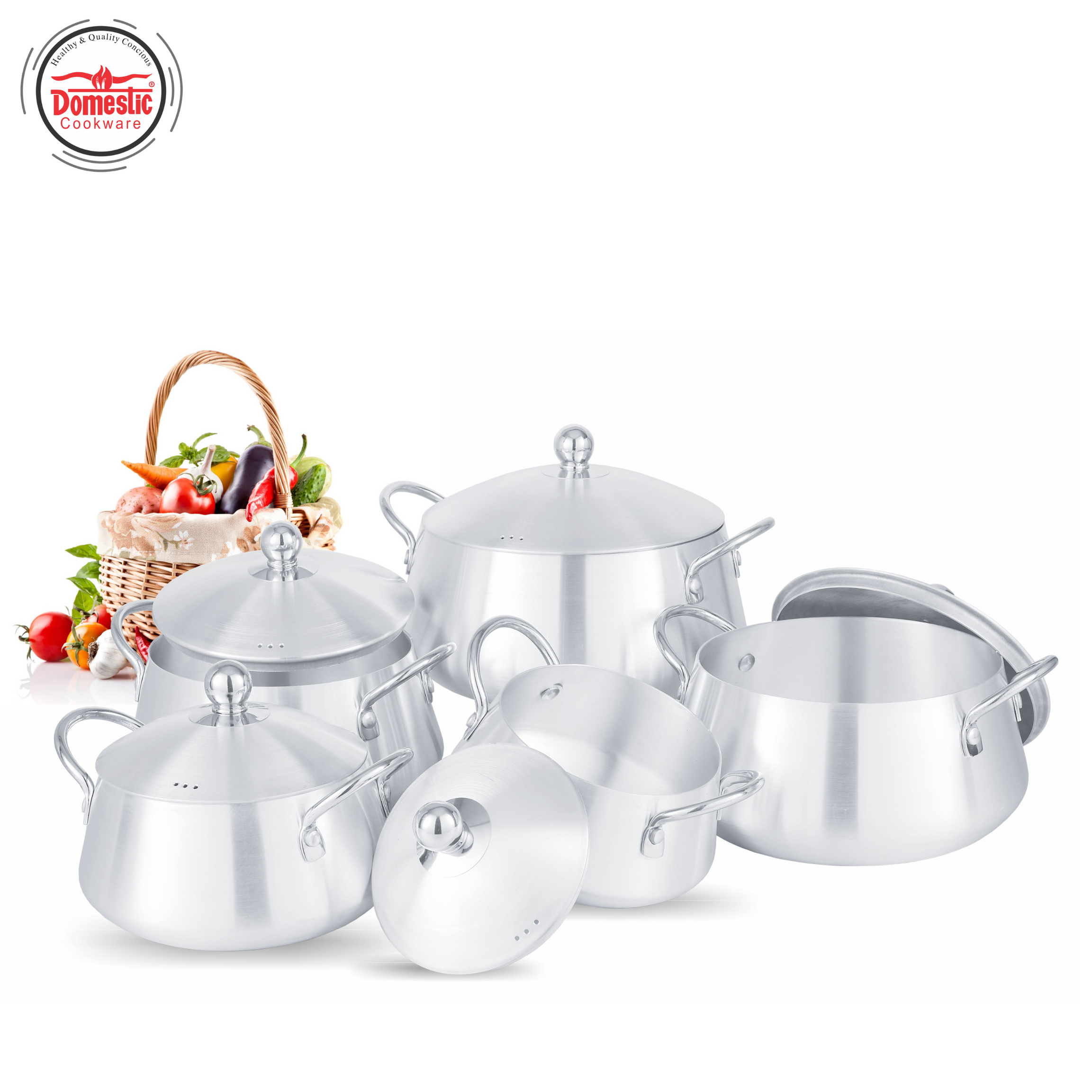 MF Belly Set 1x5 Premium cookware displayed with a basket of fresh ingredients in the background.