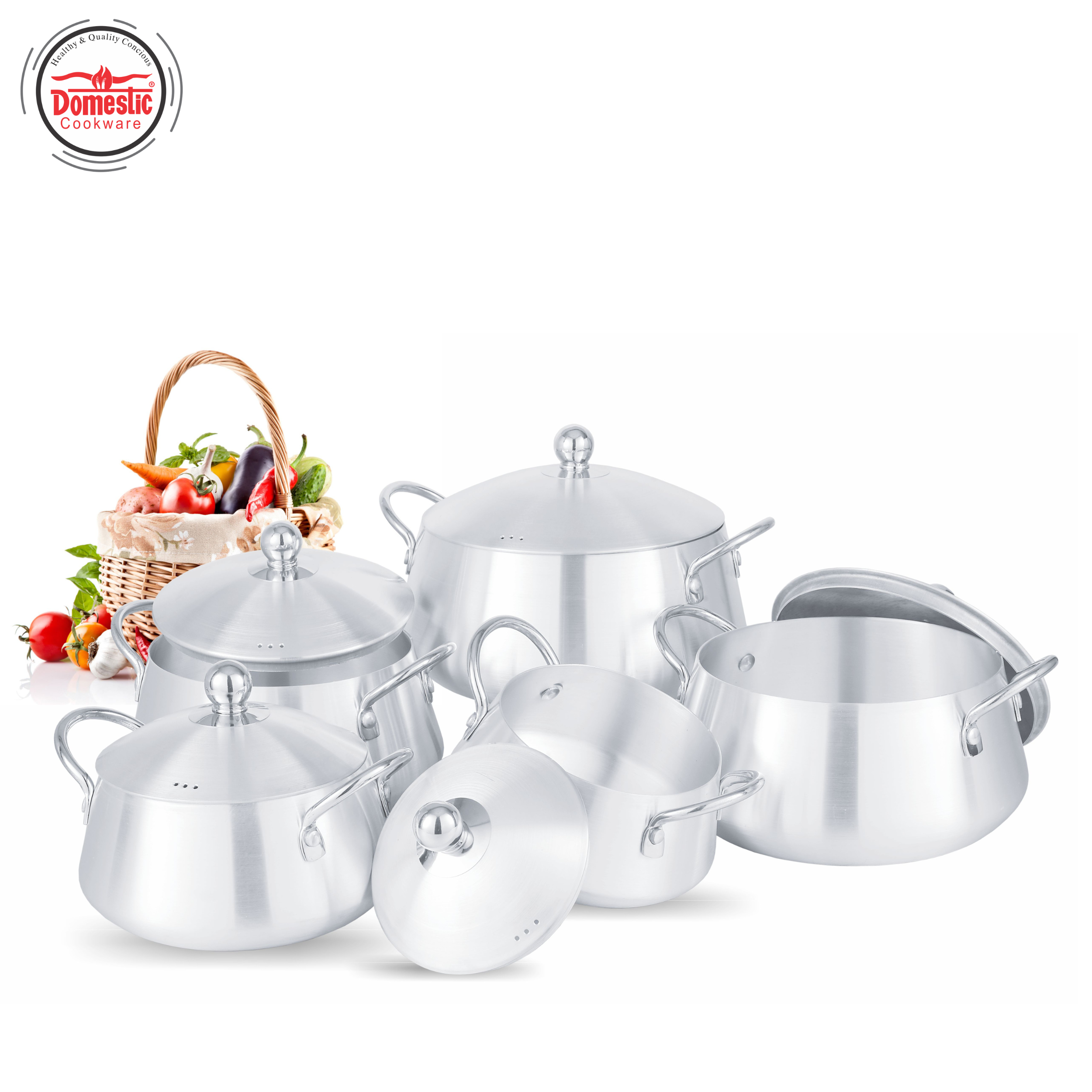 MF Belly Set 1x5 Premium cookware displayed with a basket of fresh ingredients in the background.