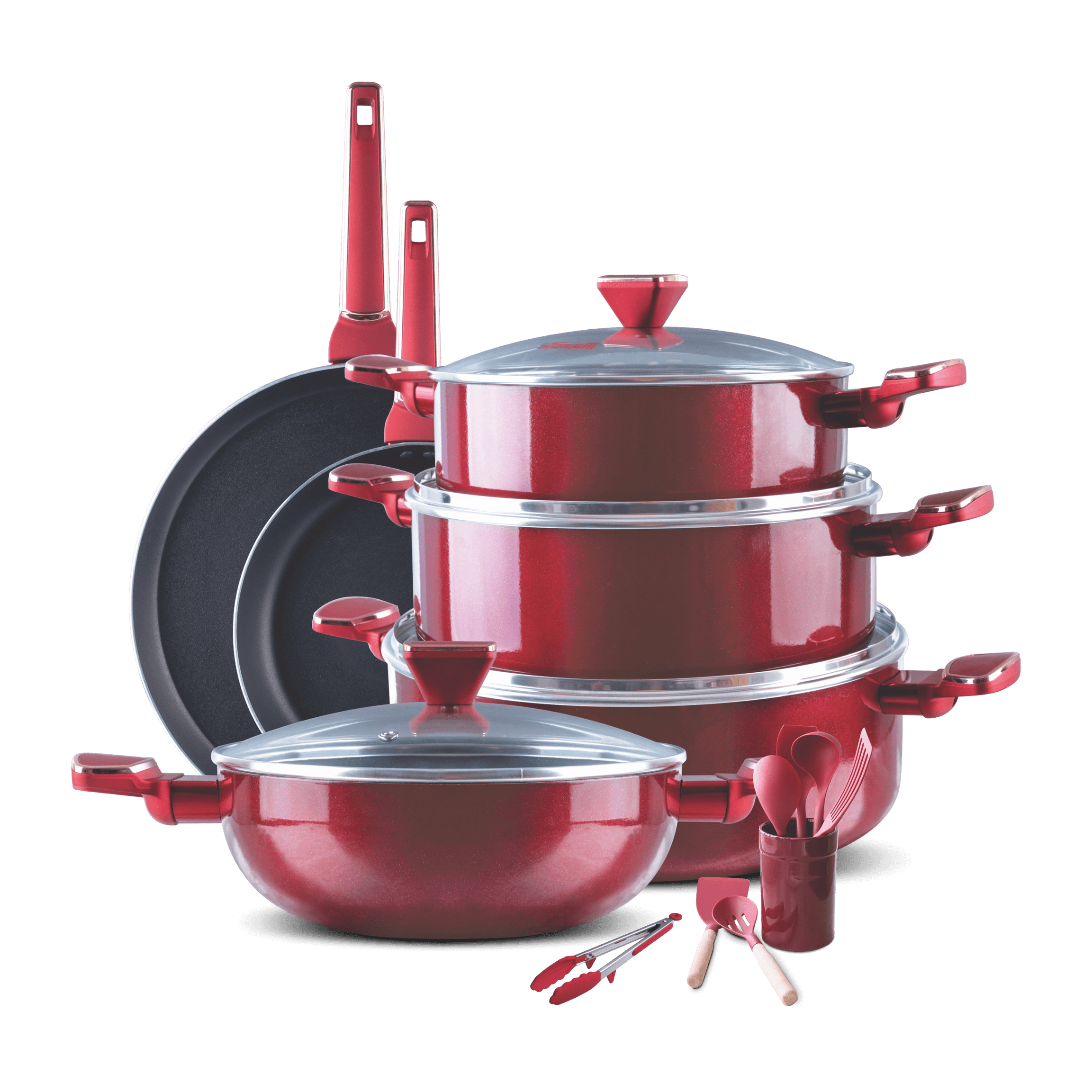 Majestic Vintage NS Gift Set Super Strong Coating - Elegant red cookware collection with nonstick performance.